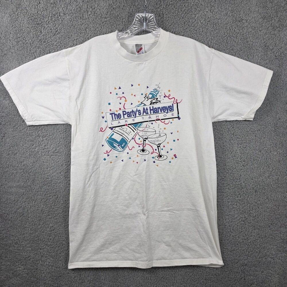 Vintage 90s The Party's At Harveys Casino Lake Tahoe T-Shirt Slots Size L